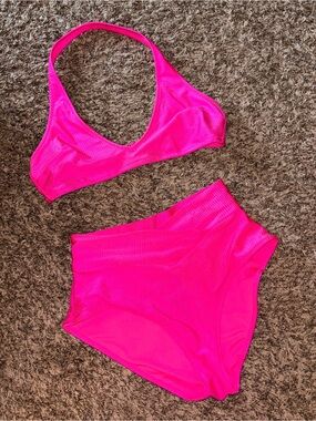 Aerie Neon Pink Ribbed Two-Piece Bikini Set L / S